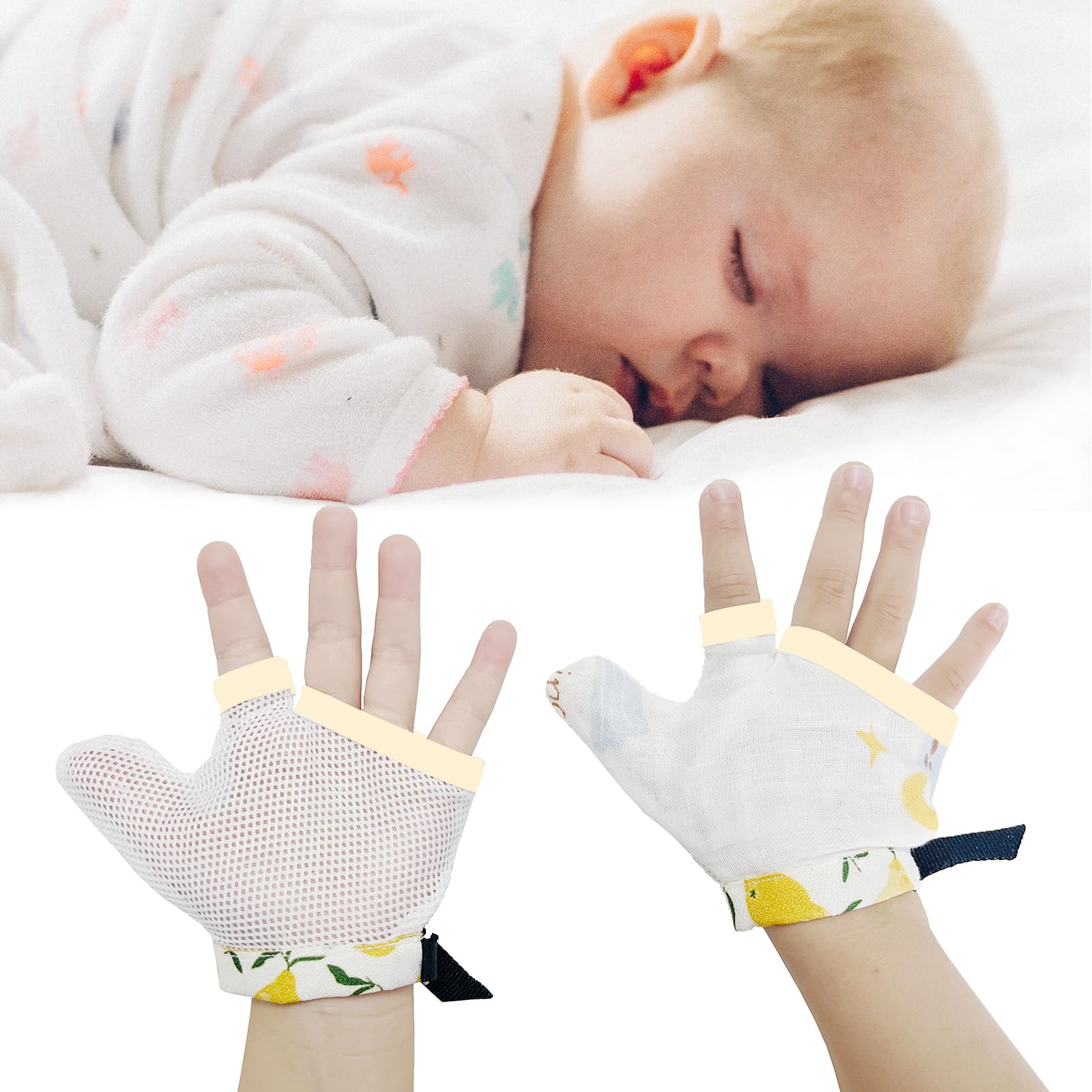 Heyshapeing thumb-sucking stop glove pair on kids' hands, breathable cotton for daily wear.