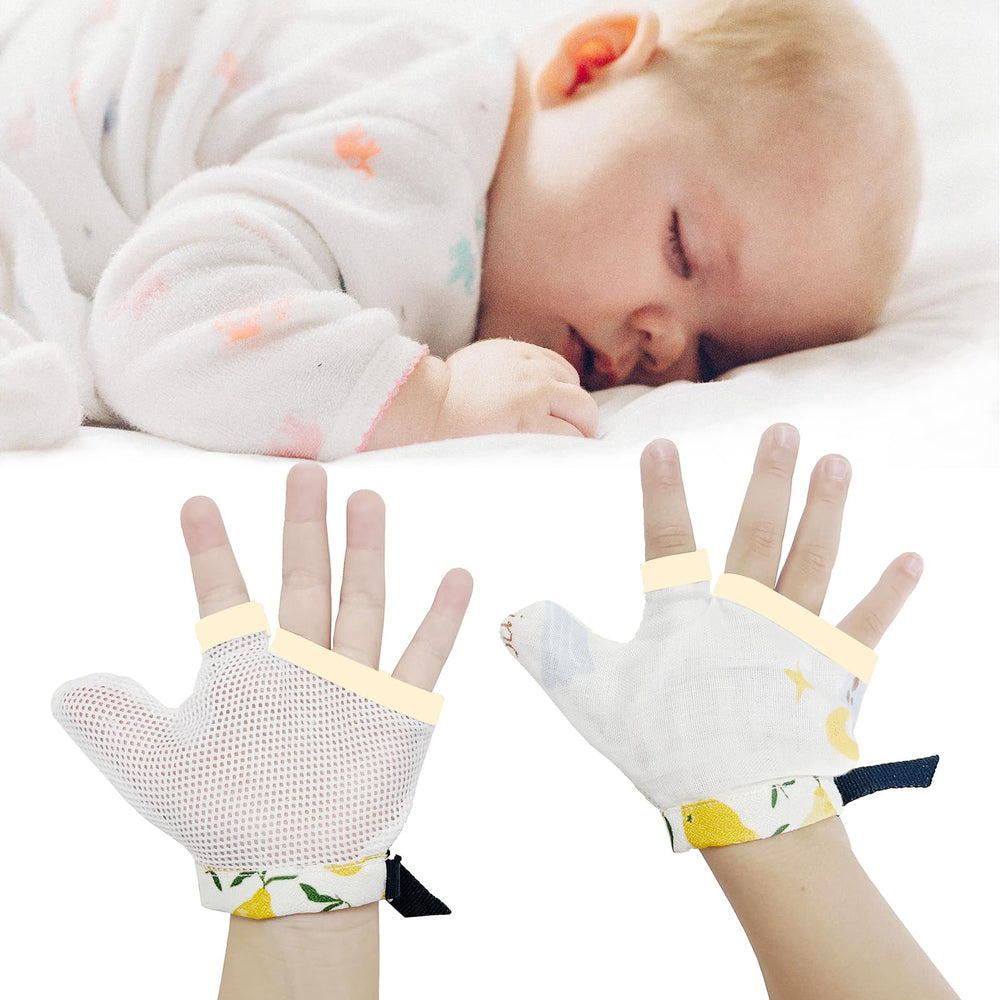 Heyshapeing thumb-sucking stop glove pair on kids' hands, breathable cotton for daily wear.