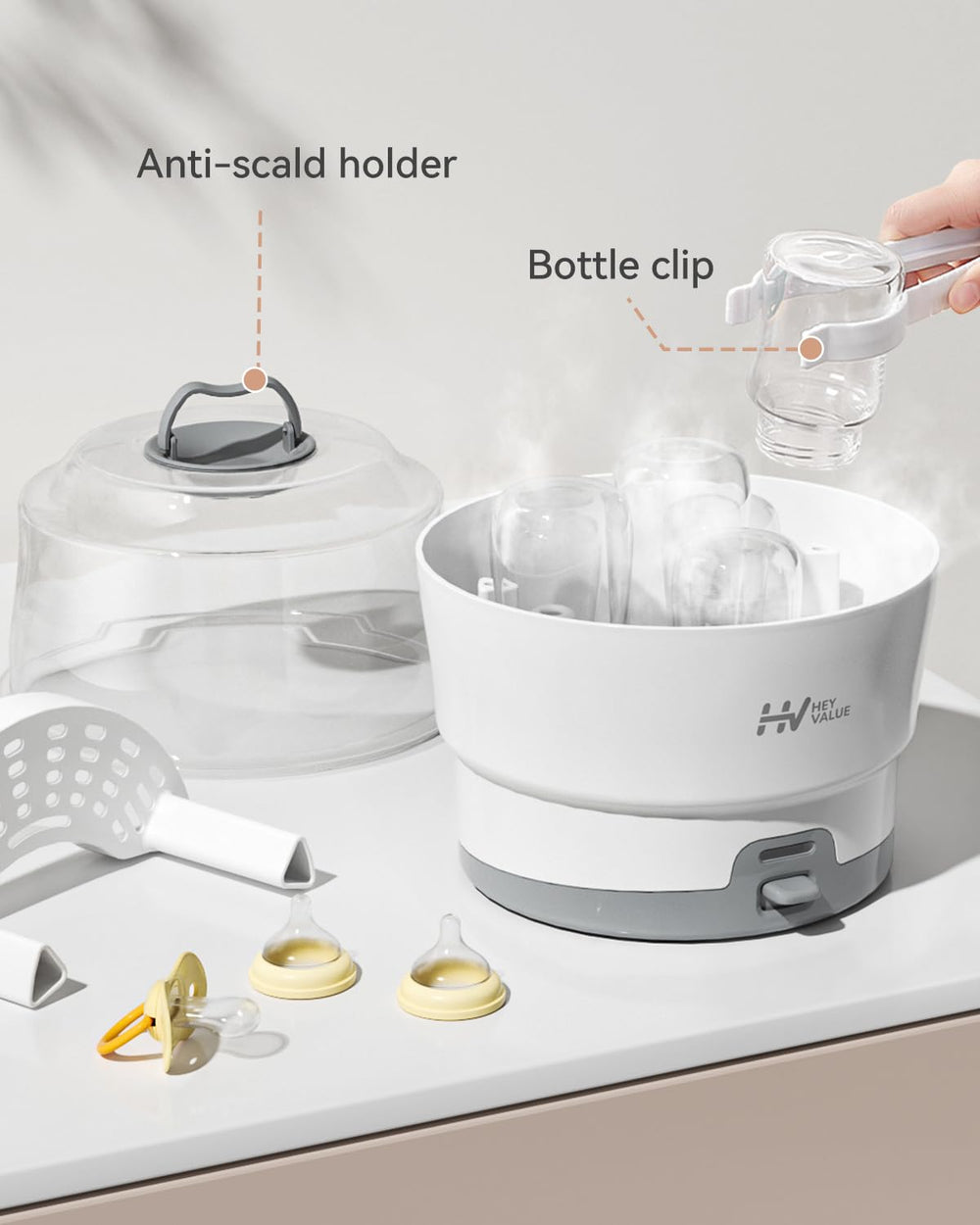 HEYVALUE Ease-Steam sterilizer accessory tray keeps bottle parts organized