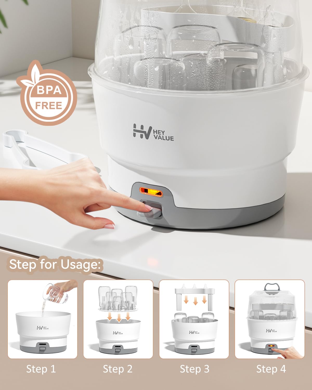 HEYVALUE Ease-Steam sterilizer bottle-parts view shows organized storage for pump parts