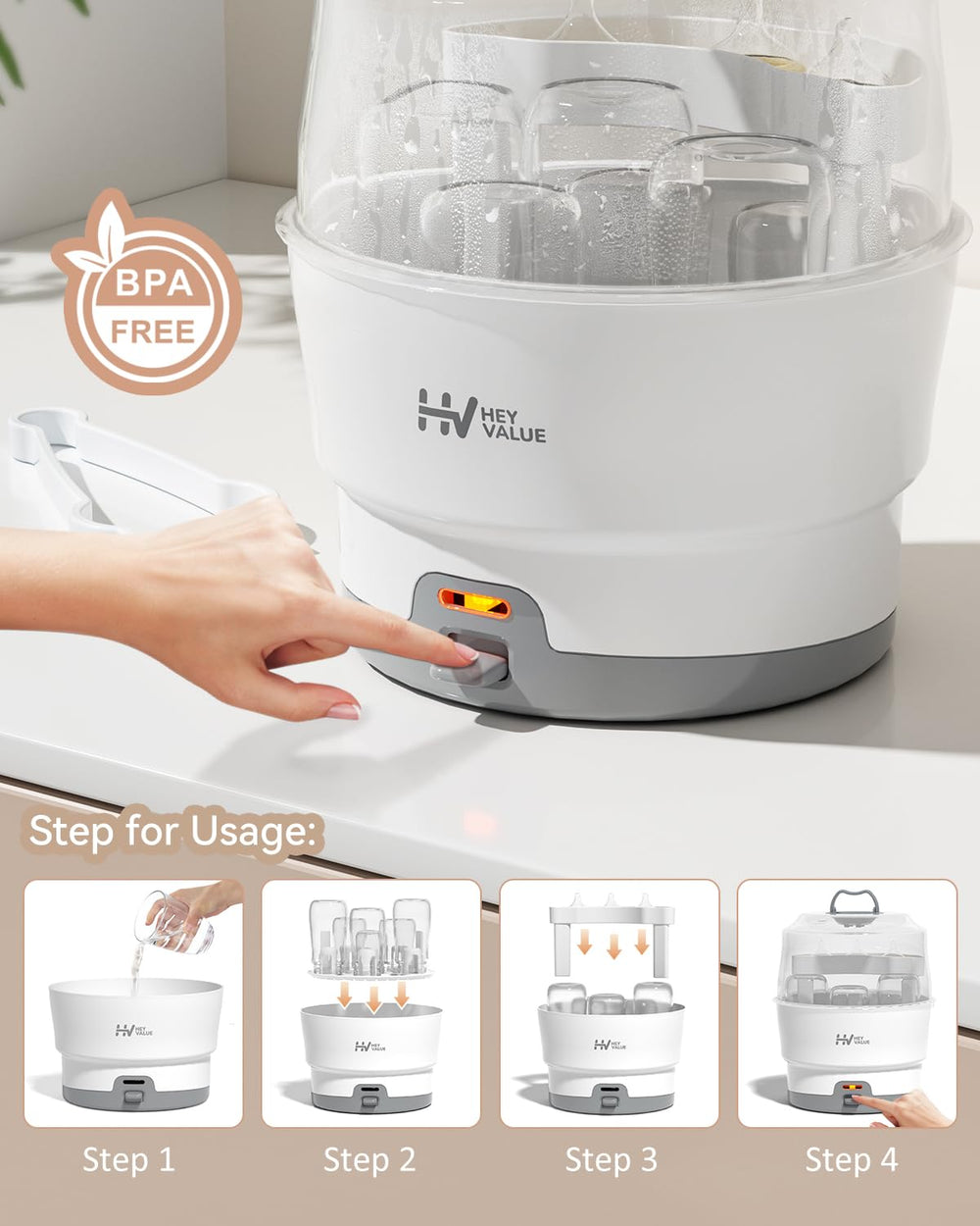 HEYVALUE Ease-Steam sterilizer bottle-parts view shows organized storage for pump parts