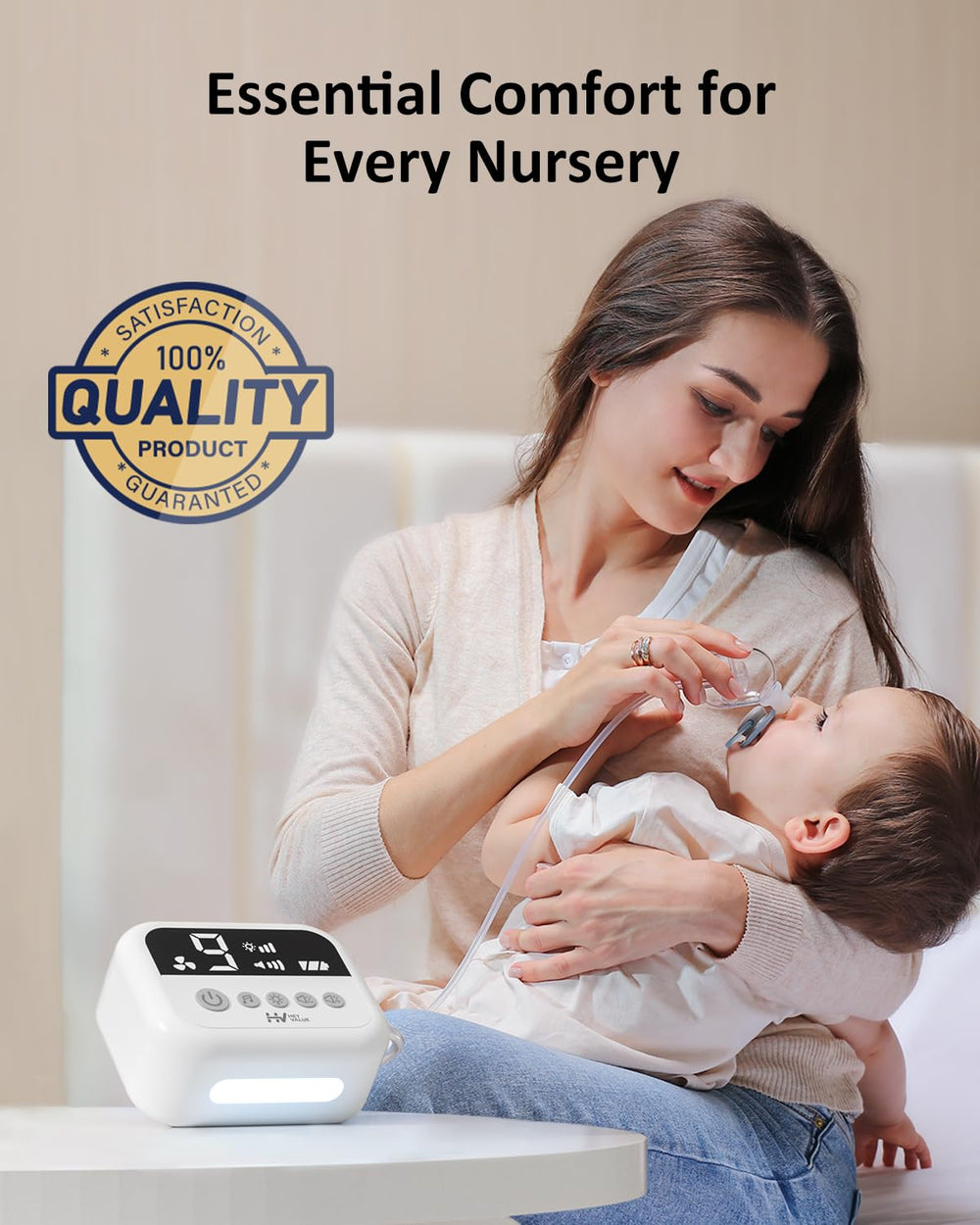 HEYVALUE nasal aspirator in-use with baby showing gentle congestion relief.