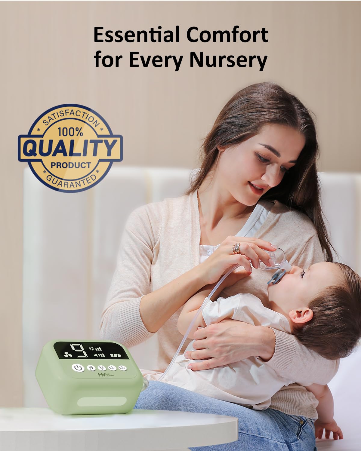 HEYVALUE nasal aspirator in green with nursery rhyme mode for soothing nights.
