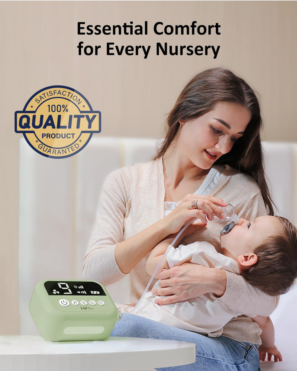 HEYVALUE nasal aspirator in green with nursery rhyme mode for soothing nights.
