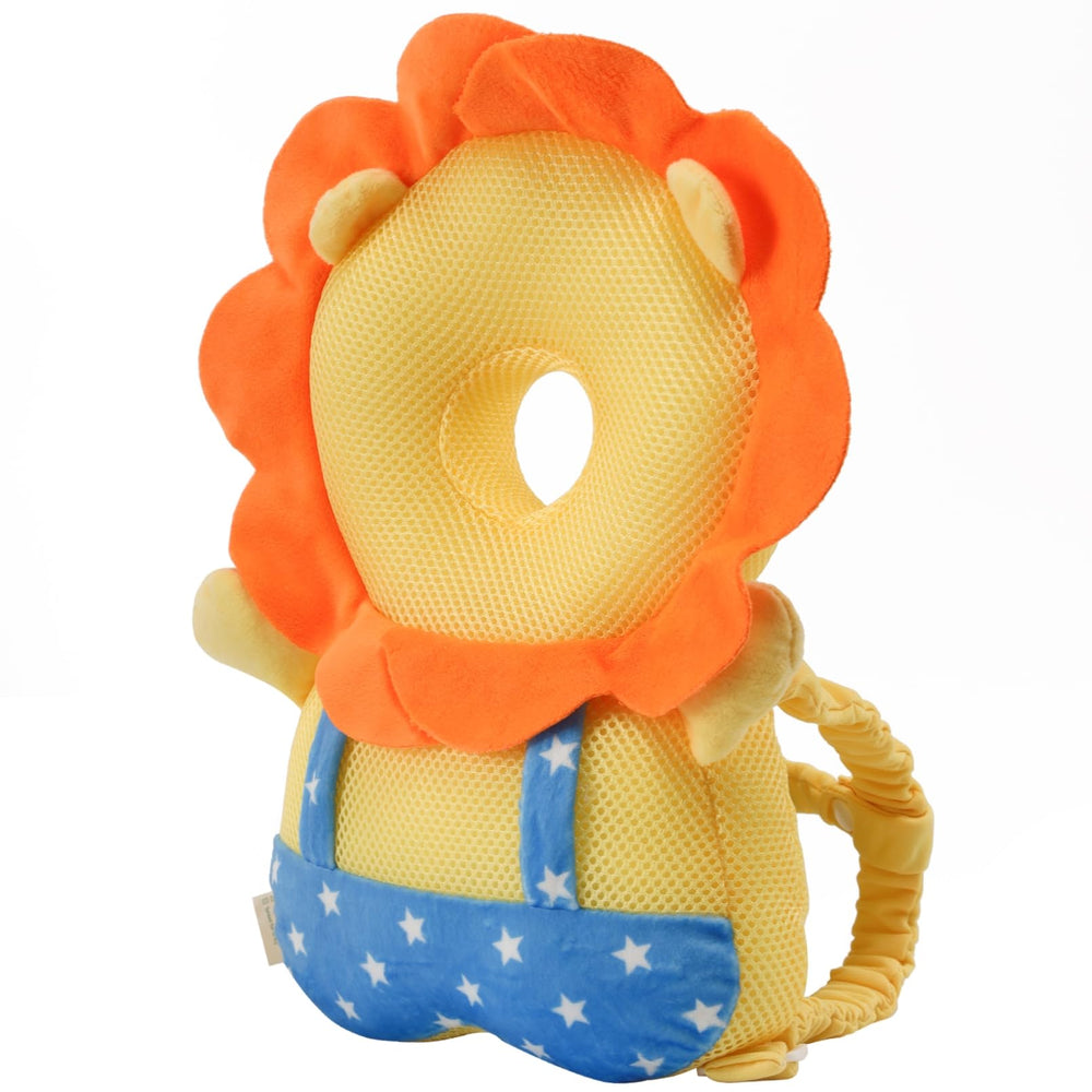 HGTC baby head protector backpack with lion plush for gentle head protection on the go.