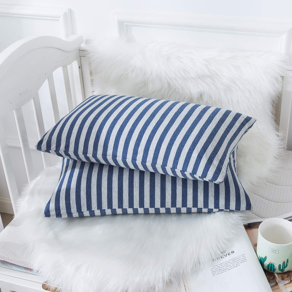 H HOUSEHOLD toddler pillowcase blue front view showing soft jersey knit.