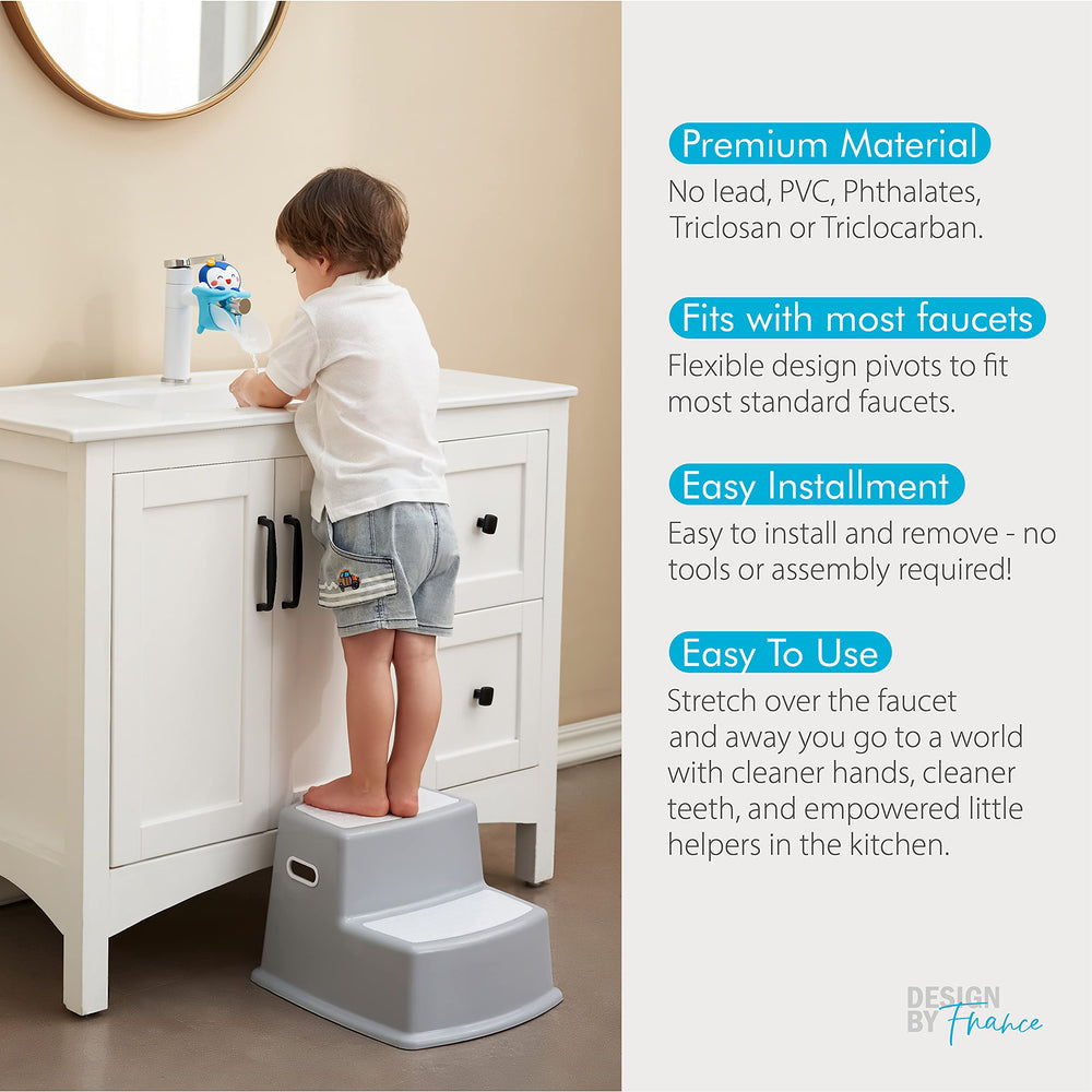 hhf penguin faucet extender in use shows water within reach for toddlers.