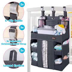 HHZ XL diaper organizer attached to crib with sturdy construction.