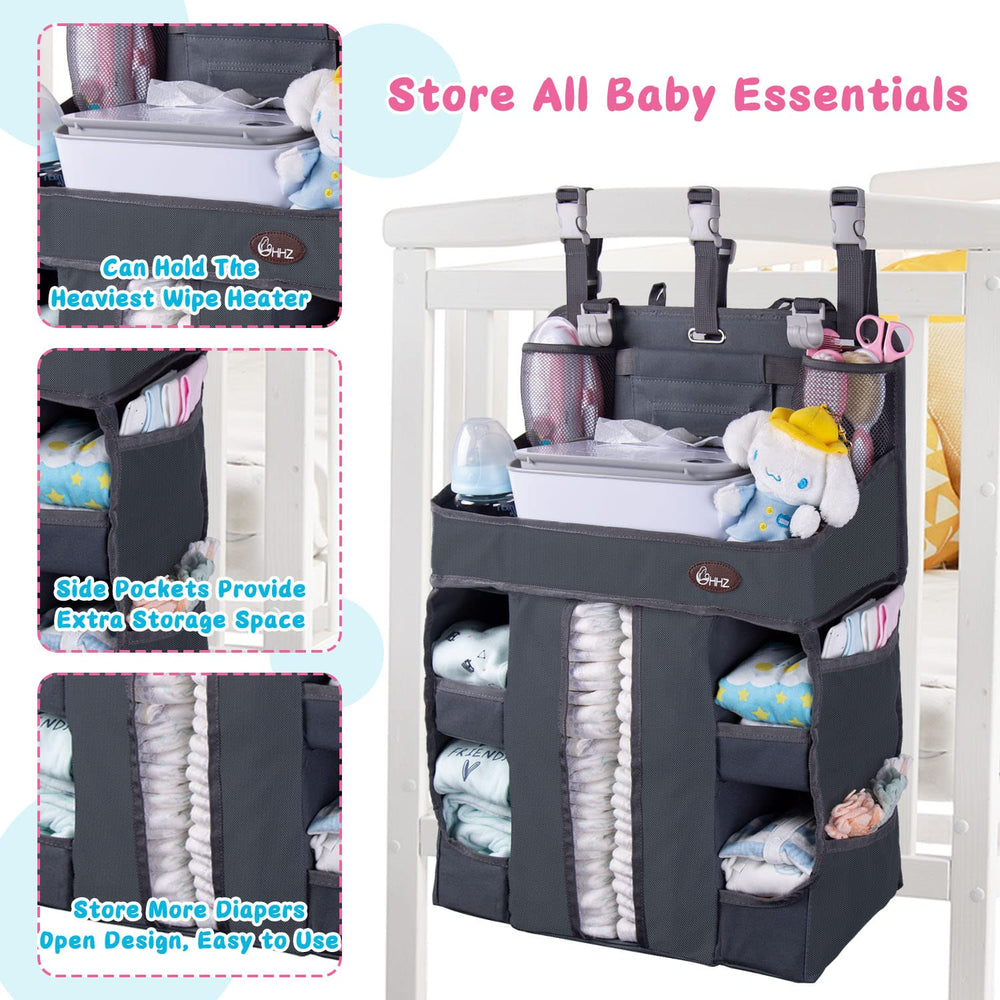 HHZ XL hanging diaper caddy showing eight shelves for easy organization.