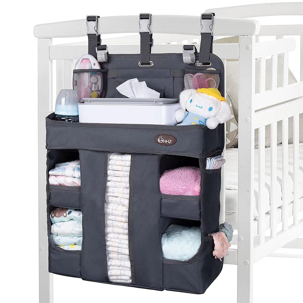 HHZ XL hanging diaper caddy organizer on a changing table, roomy for diapers and wipes.