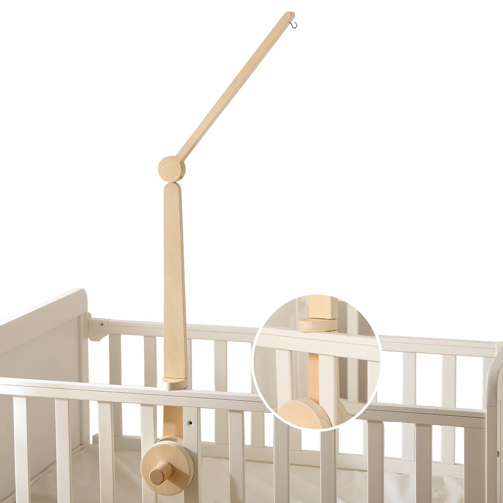 HI BABY MONMENT crib mobile arm assembly shows secure mounting for safe nursery setup.
