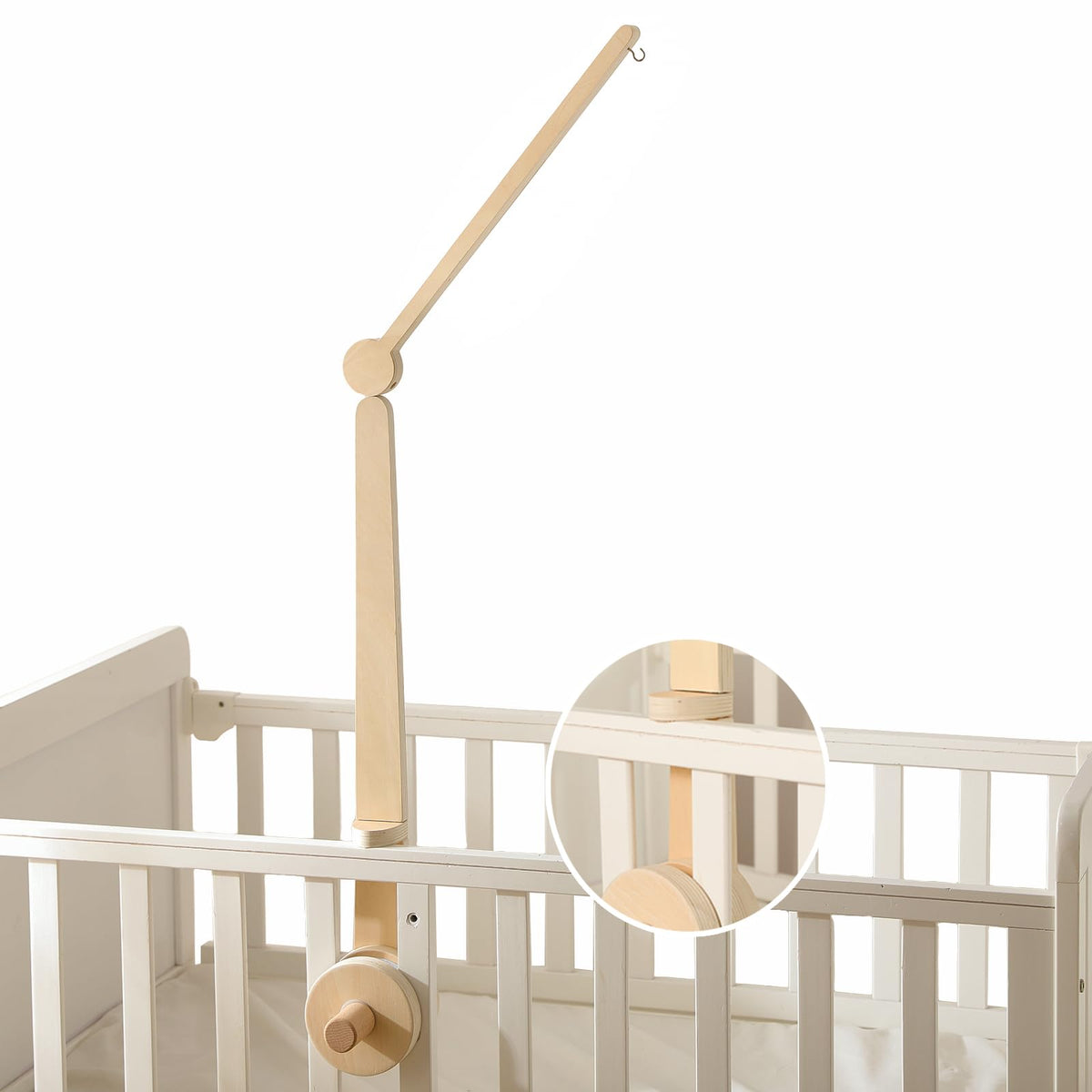 HI BABY MONMENT crib mobile arm assembly shows secure mounting for safe nursery setup.