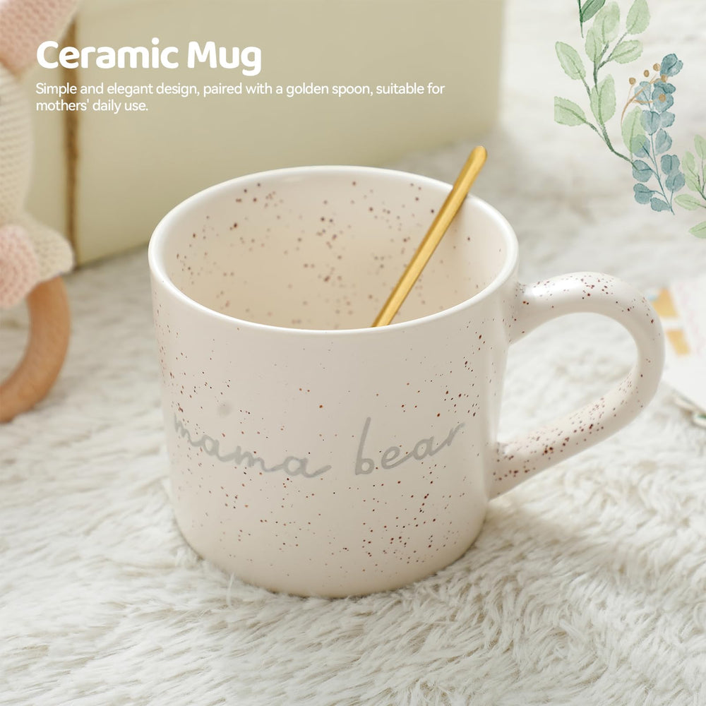 Hi Baby Monment Mama Bear Mug close-up with warm beverage.