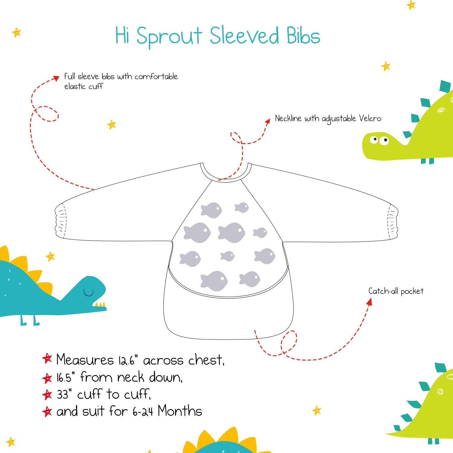 Hi Sprout sleeved bib zebra catch pocket contains spills for easier cleanup