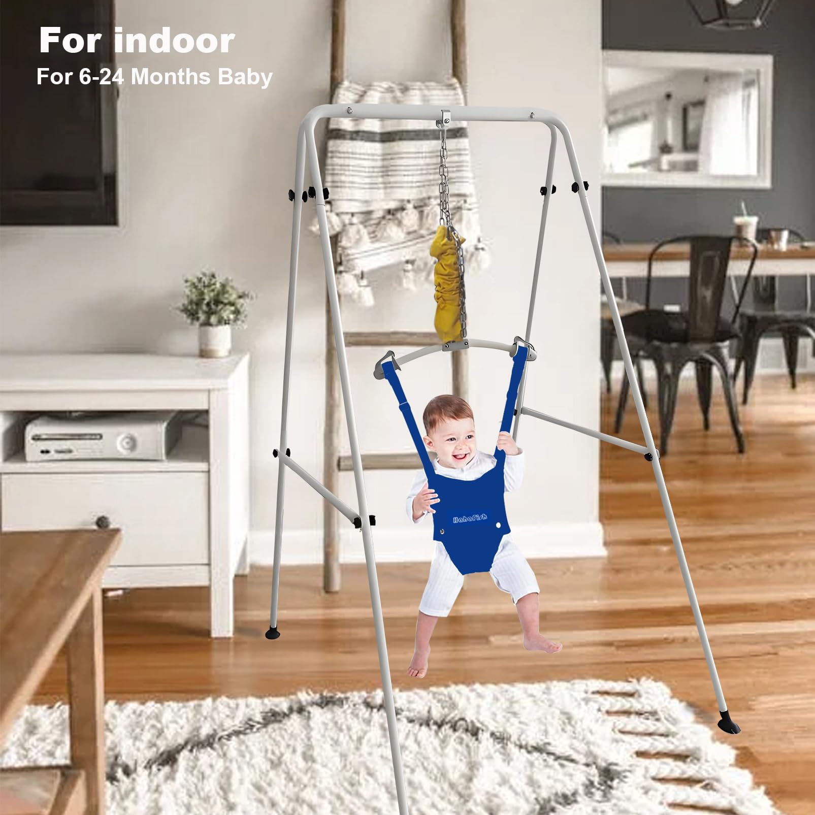 HI SUYI baby door jumper assembly step highlights quick setup.