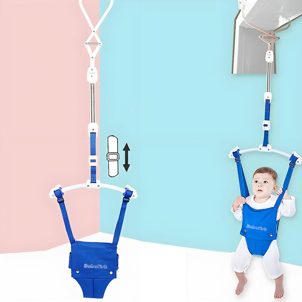 HI SUYI door clamp secures firmly to a door frame during play.