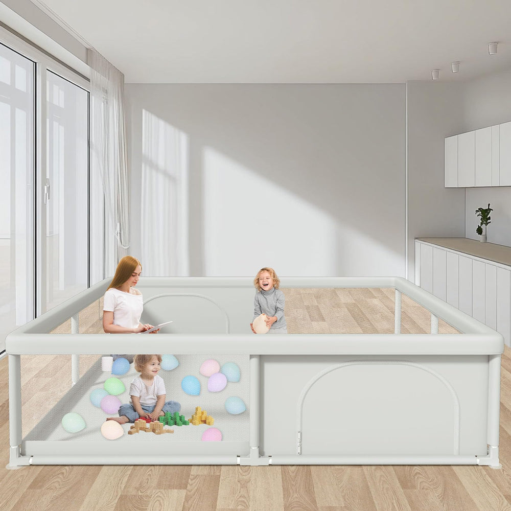 Hiaksedt 79x79-inch playpen setup showing spacious interior for family play