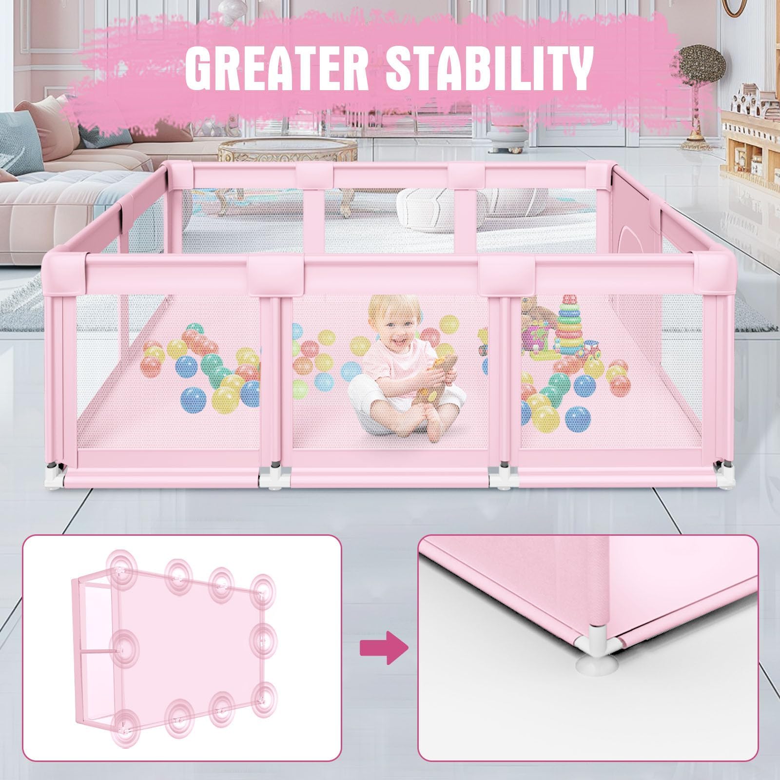 Hiaksedt Baby Playpen 360-degree mesh view for hands-free monitoring.