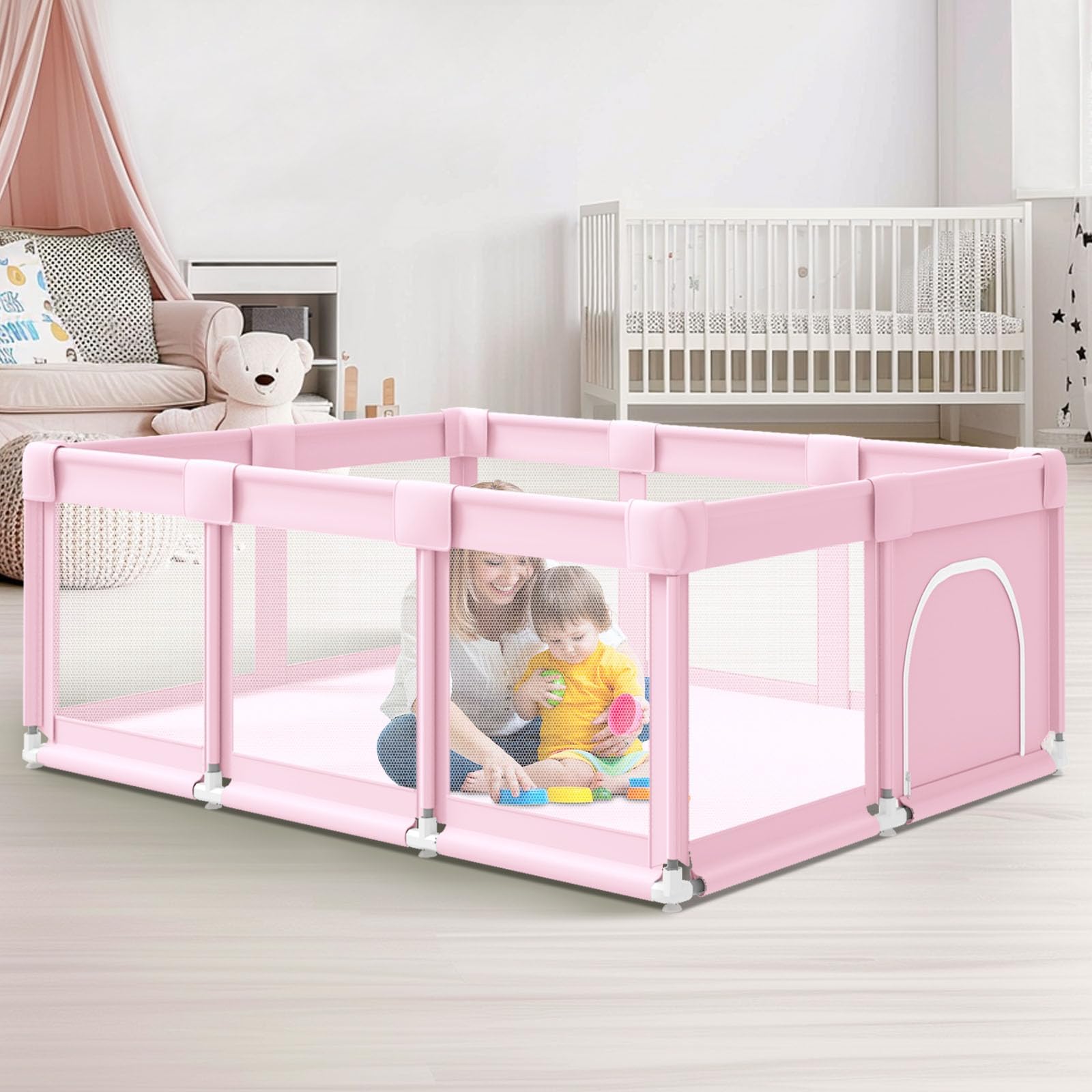 Hiaksedt Baby Playpen assembly in minutes for quick setup and easy portability.