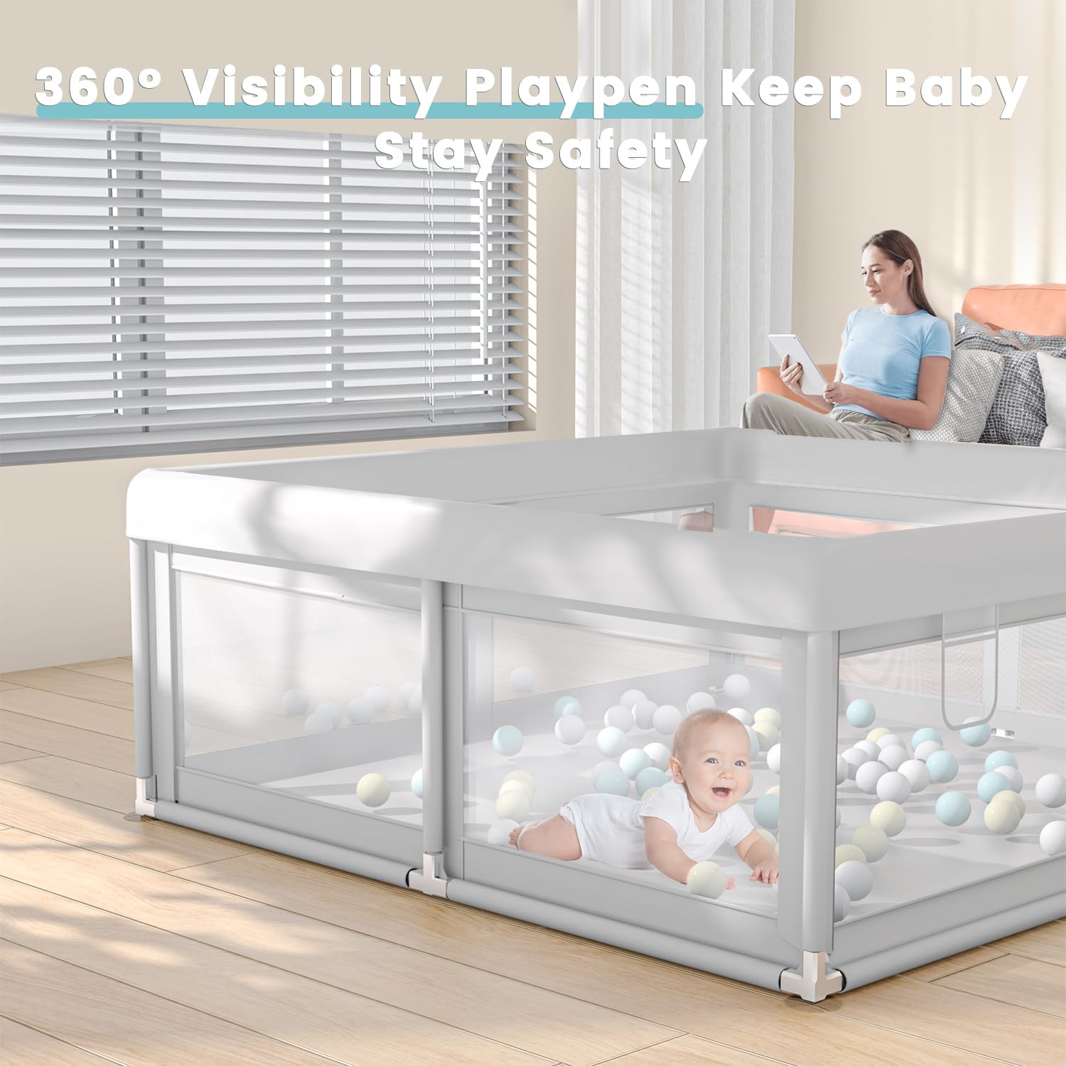Hiaksedt baby playpen breathable mesh enables clear visibility for supervision.