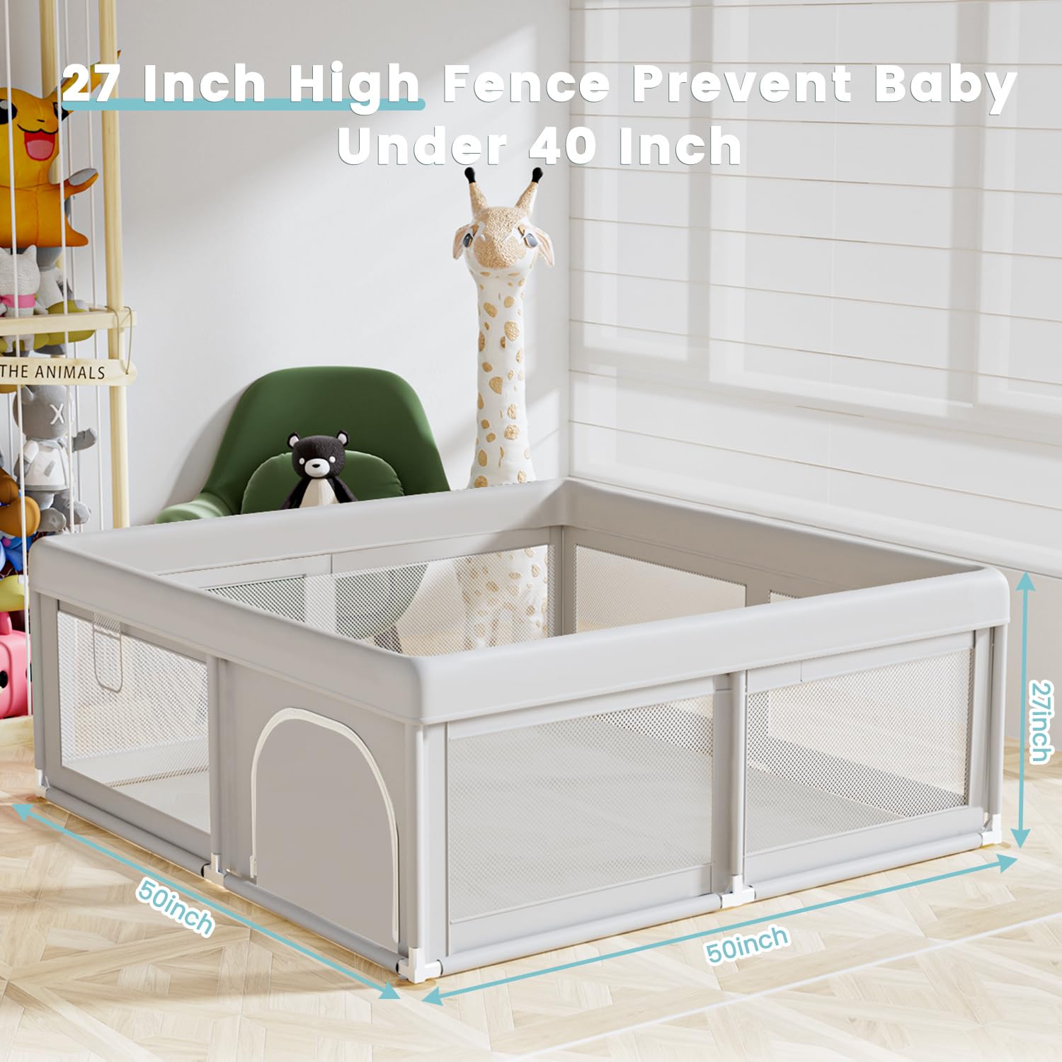 Hiaksedt baby playpen cushioning foam reduces impact against the fence.
