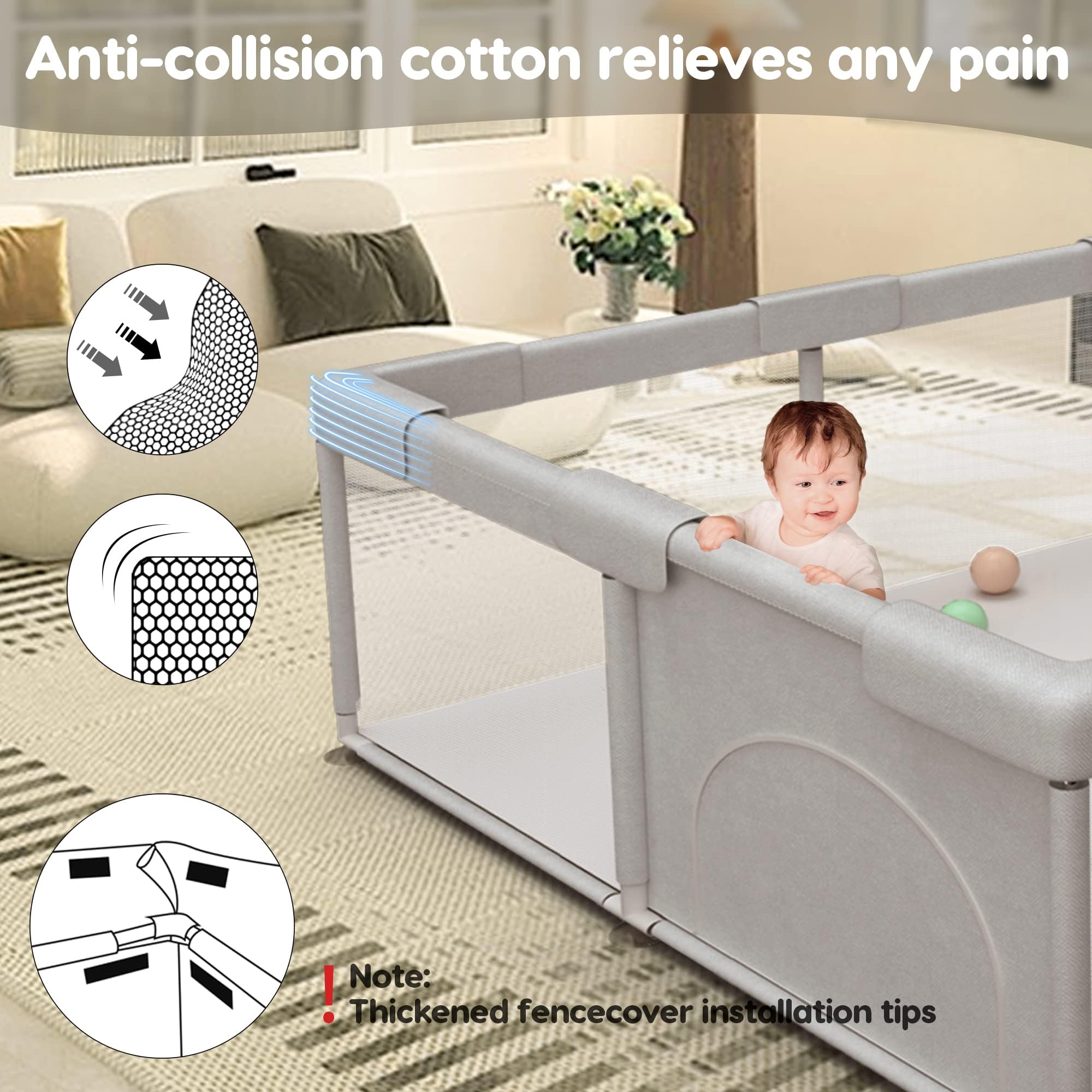 Hiaksedt baby playpen sturdy pet-free base with suction cups improves stability
