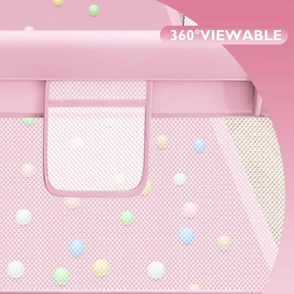 Hiaksedt Baby Playpen pink in-use living room illustrates indoor safe play for toddlers.