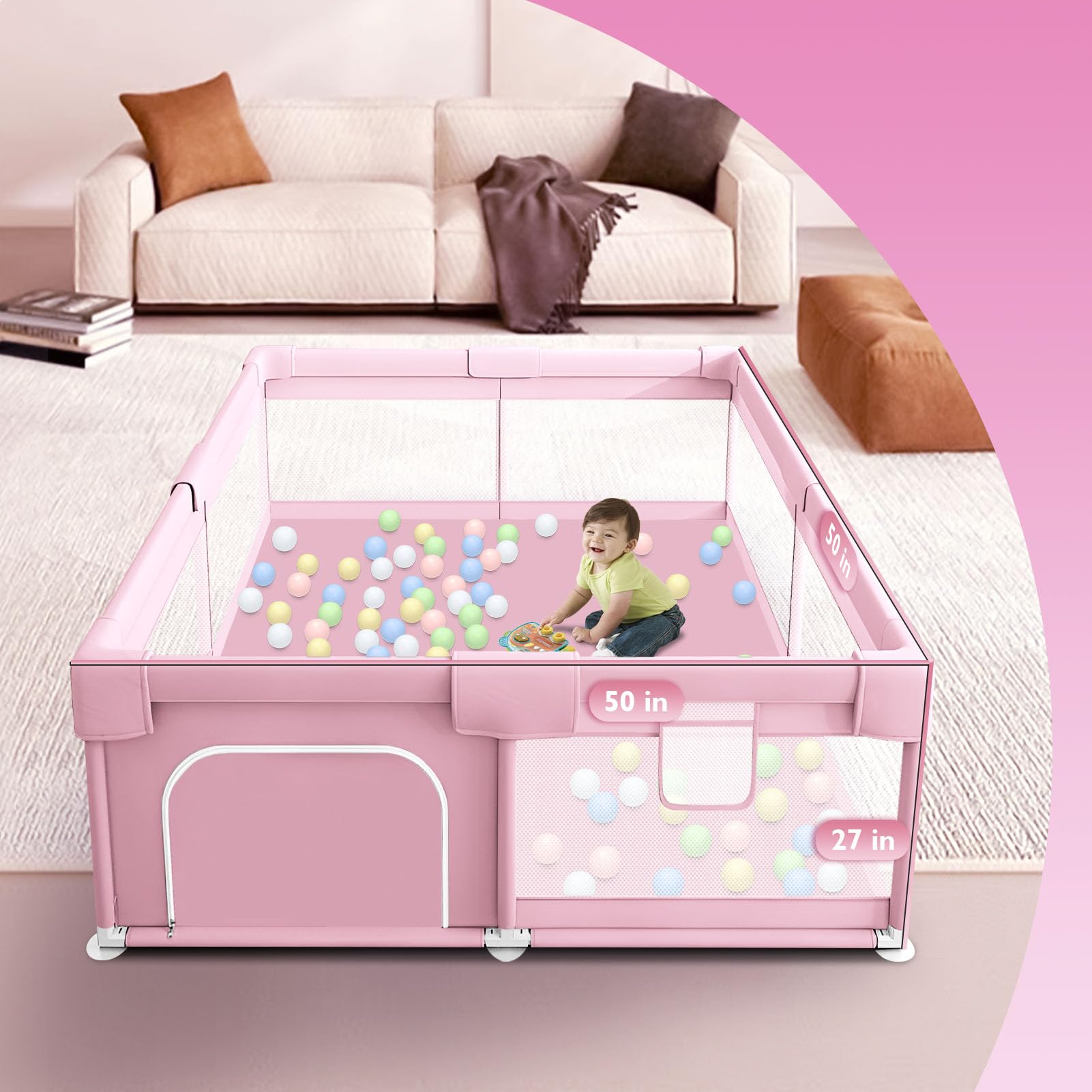Hiaksedt Baby Playpen pink mat inside emphasizes soft surface for comfortable play.