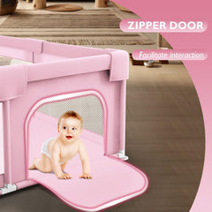 Hiaksedt baby playpen—pink breathable mesh for airflow and visibility.