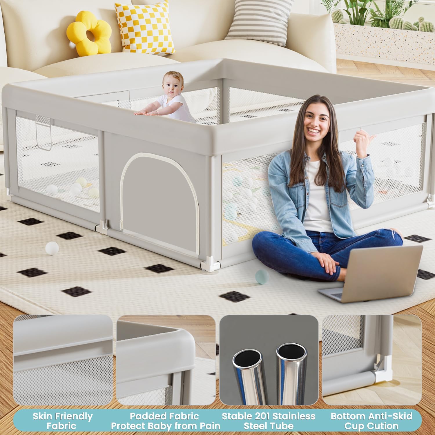 Hiaksedt baby playpen without-mat option shows compatibility with user-provided mats