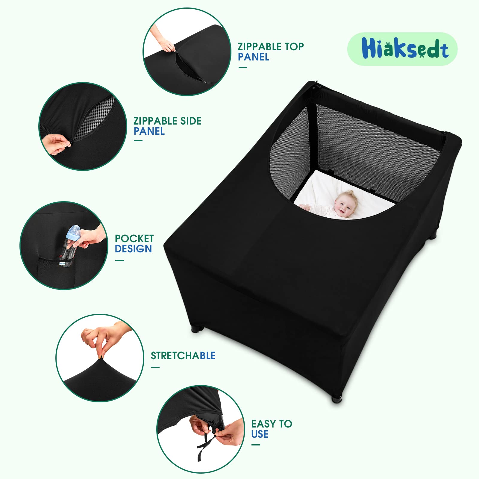 Hiaksedt Pack-N-Play blackout cover pocket access highlights convenient storage for toys.