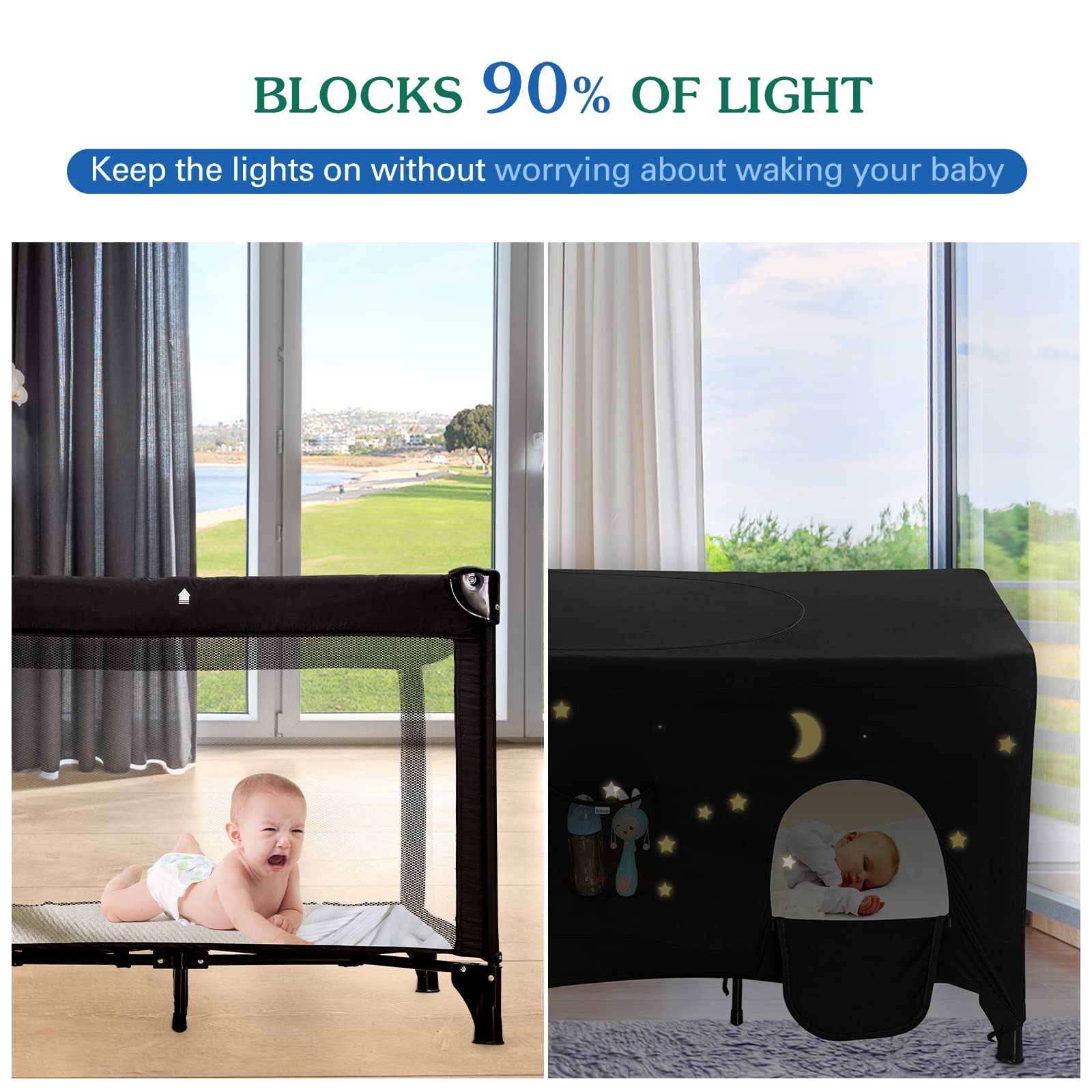 Hiaksedt Pack-N-Play blackout cover side panel shows adjustable brightness for instant privacy.