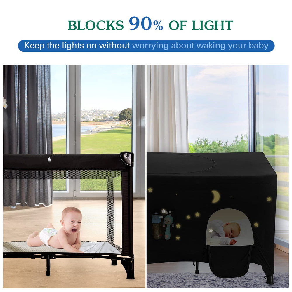 Hiaksedt Pack-N-Play blackout cover side panel shows adjustable brightness for instant privacy.