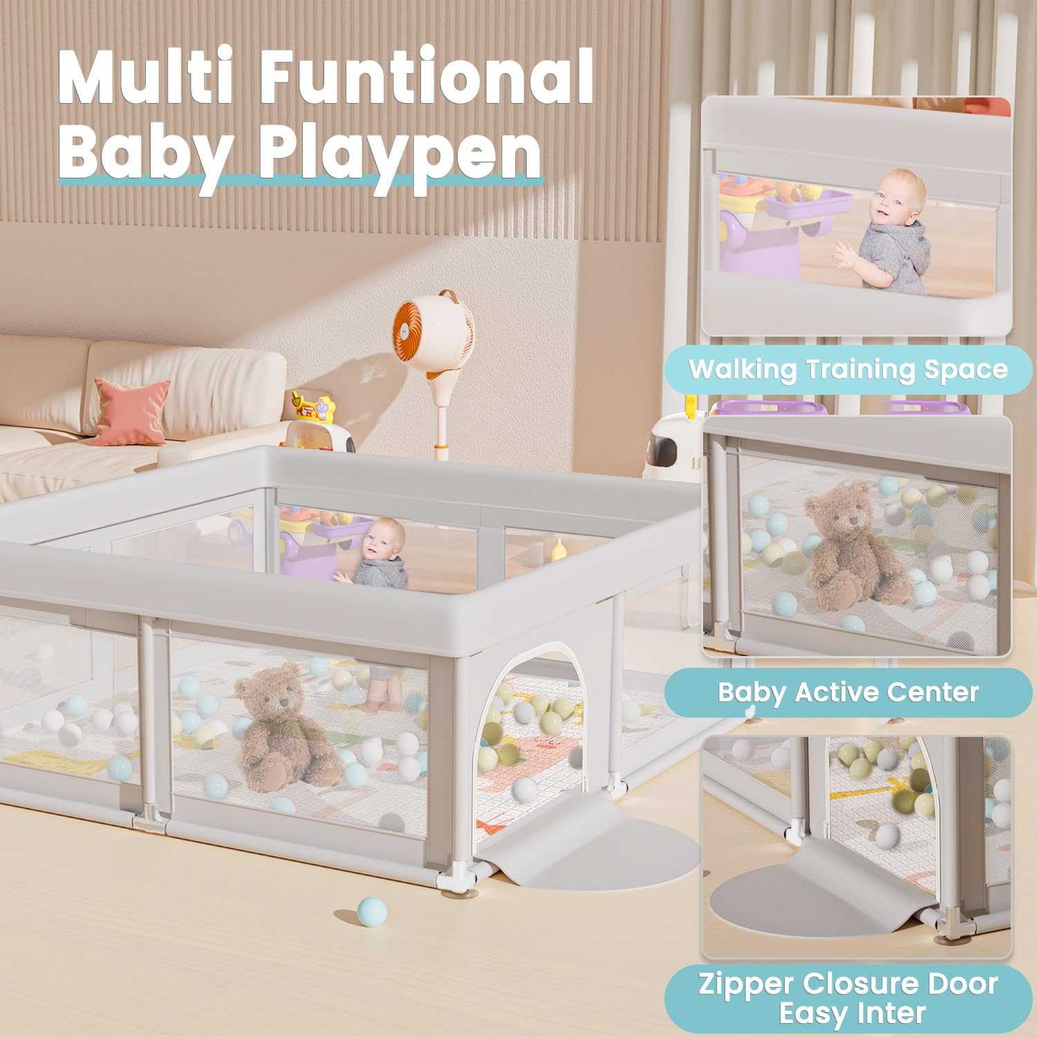 Hiaksedt playpen external pockets keep diapers and toys within reach.