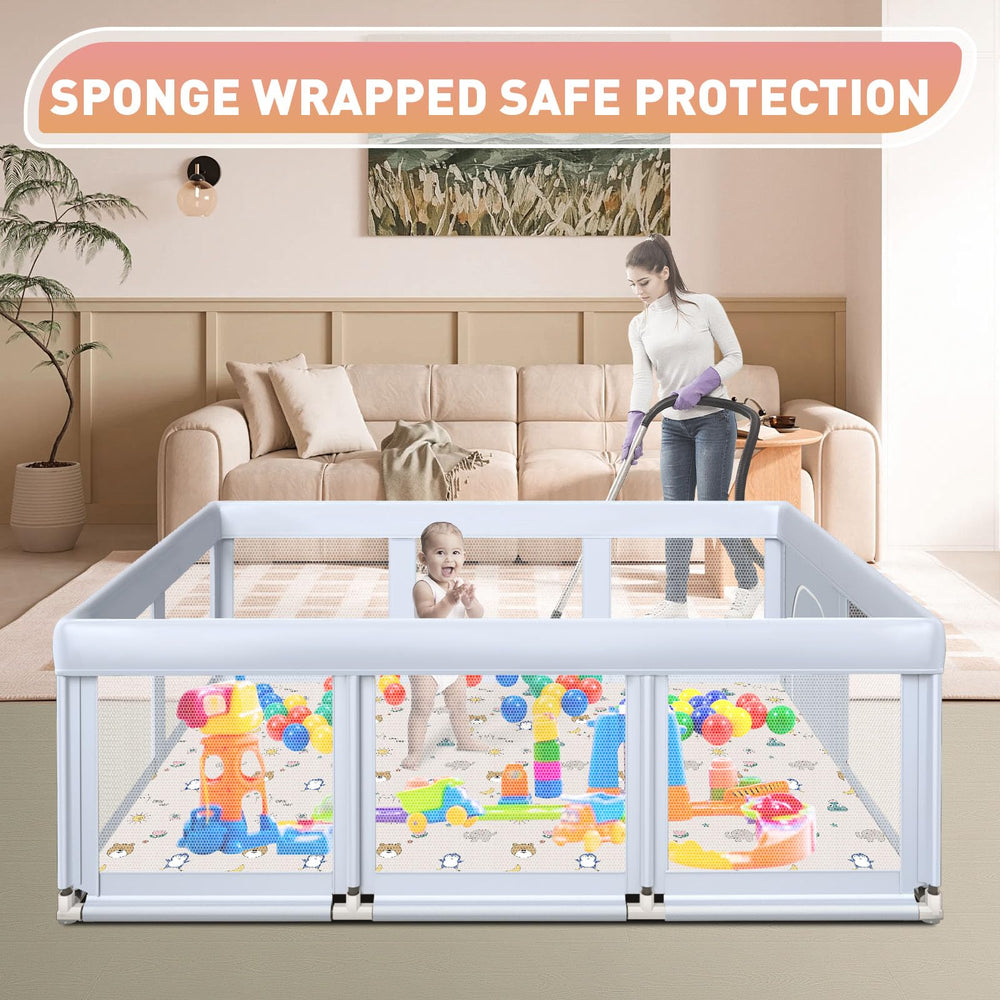 Hiaksedt playpen pet-free-stability demonstrates suction cups for secure placement.