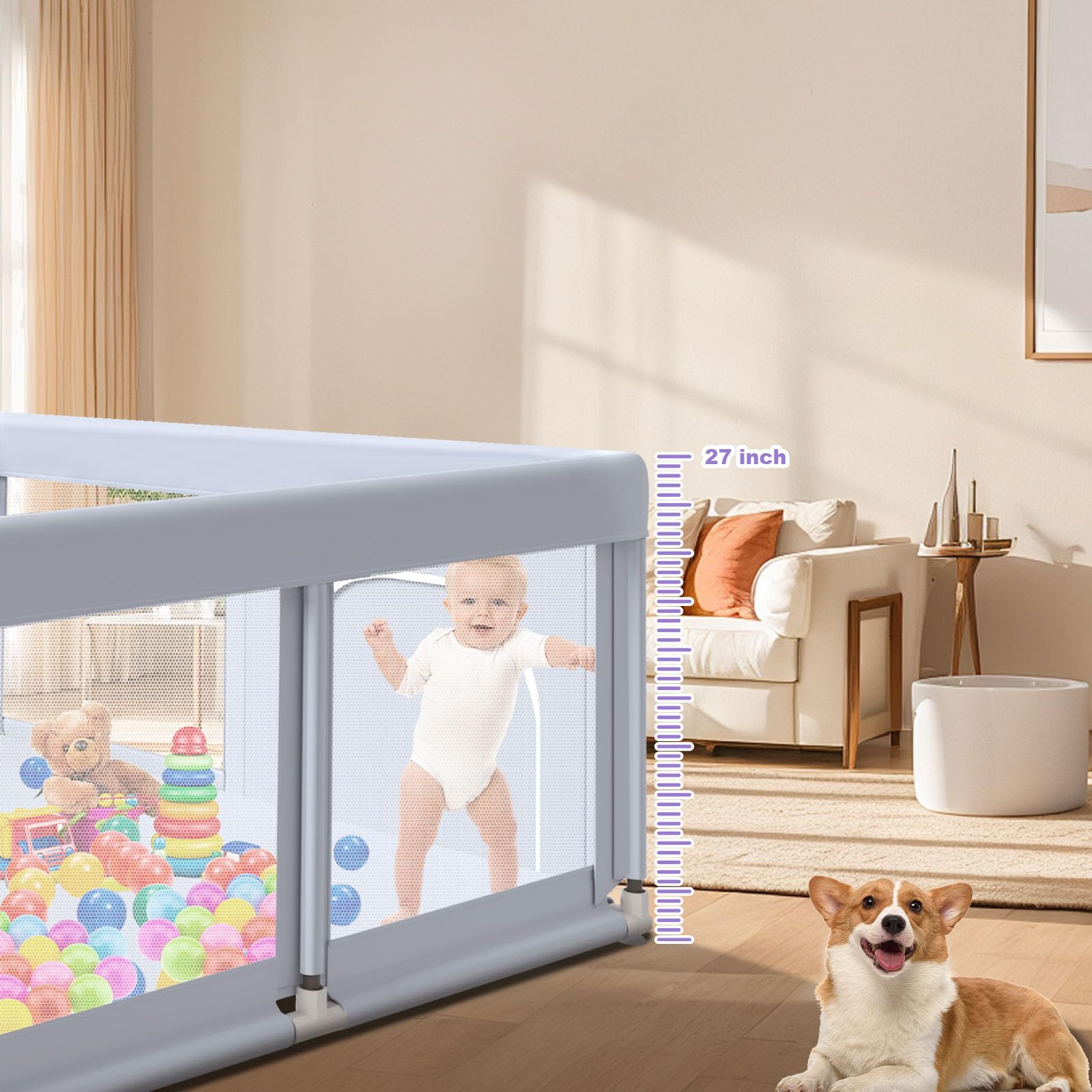 Hiaksedt playpen with non-slip suction cups for stable indoor setup.