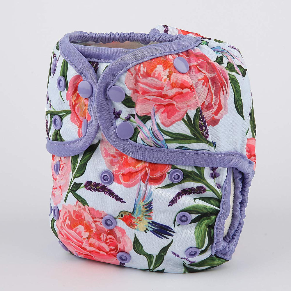 Hibaby diaper cover close-up highlighting double gusset and hummingbirds design