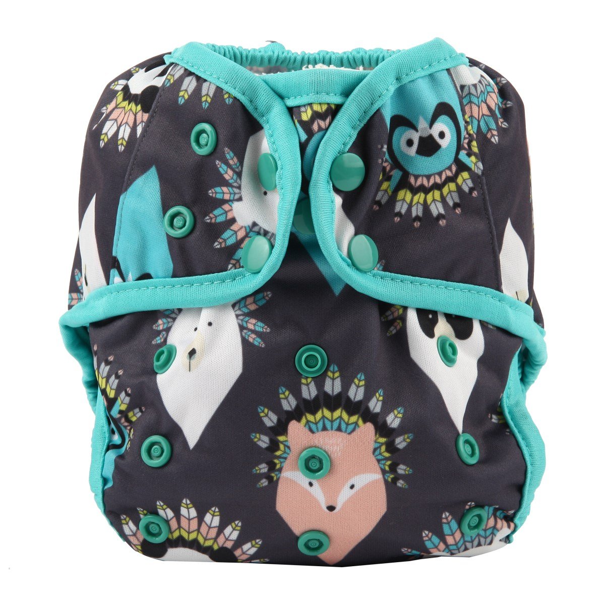 Hibaby one-size diaper cover snap with feather animal shows adjustable rise for growing babies.