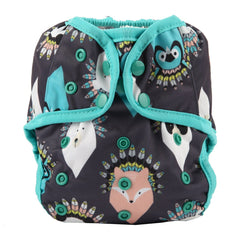 Hibaby one-size diaper cover snap with feather animal shows adjustable rise for growing babies.