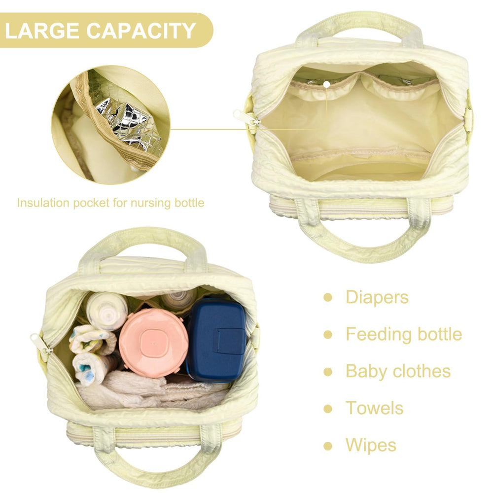 hibear yellow diaper bag open view emphasizes thermal insulated bottle compartments