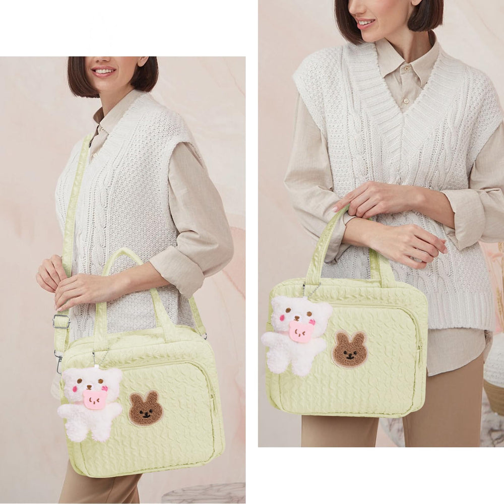 hibear yellow diaper bag side pocket view demonstrates easy bottle storage