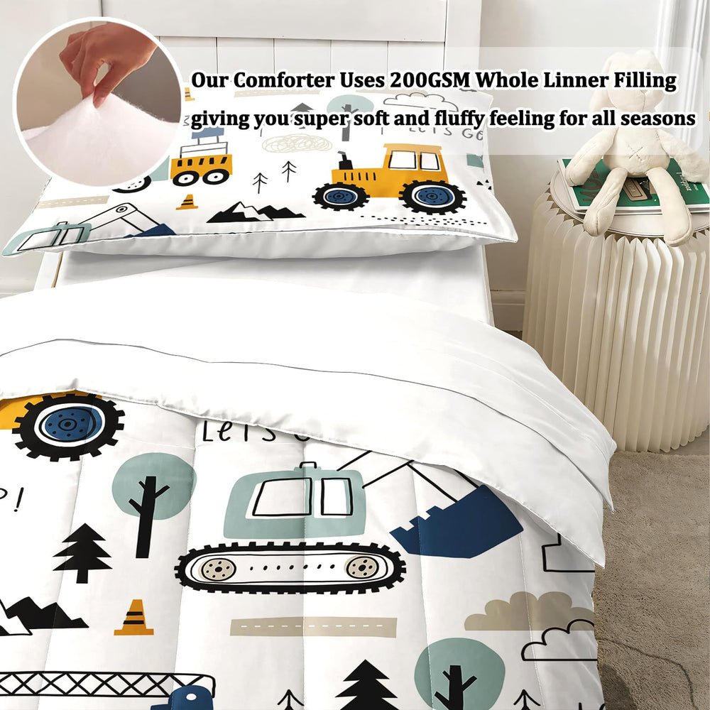 HICAND comforter-truck design showcases playful print on cozy microfiber for kid-friendly warmth.