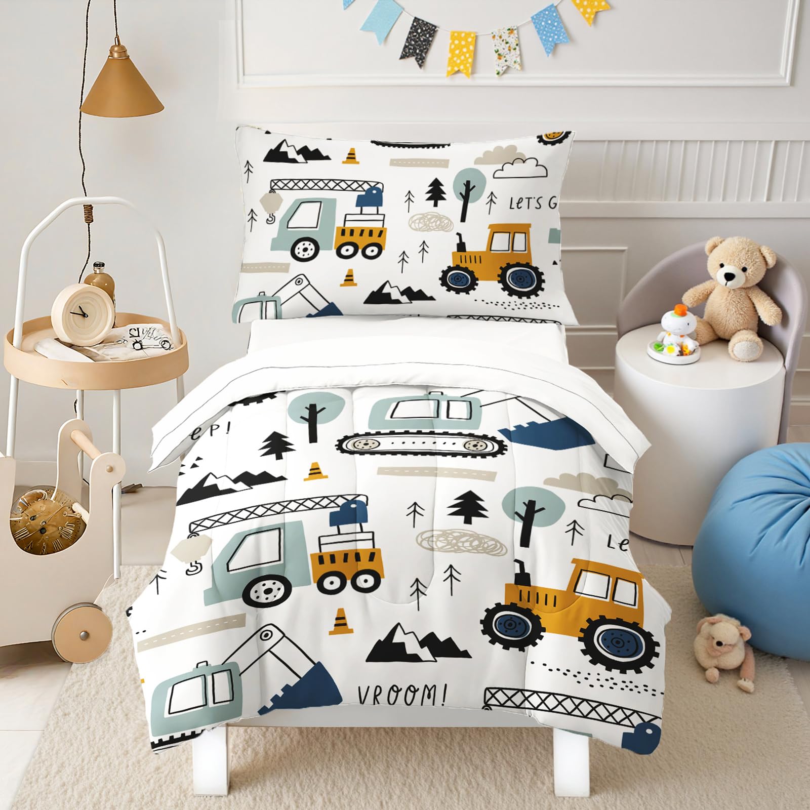 HICAND toddler bedding truck pattern front view highlights cheerful design and soft microfiber comfort.