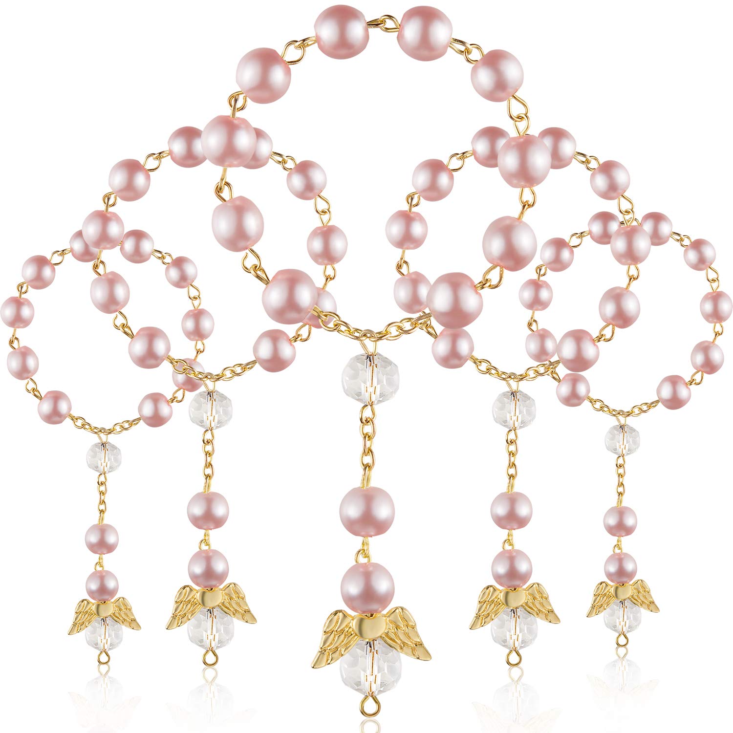 Hicarer baptism rosary pink angel-wing closeup showing glossy acrylic beads for first communion