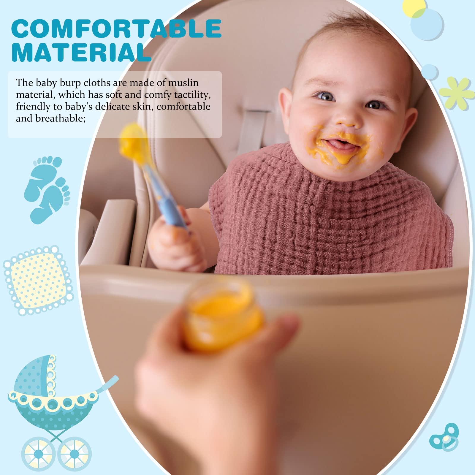 Hicarer muslin burp cloths multi-purpose use as bibs or changing pads.