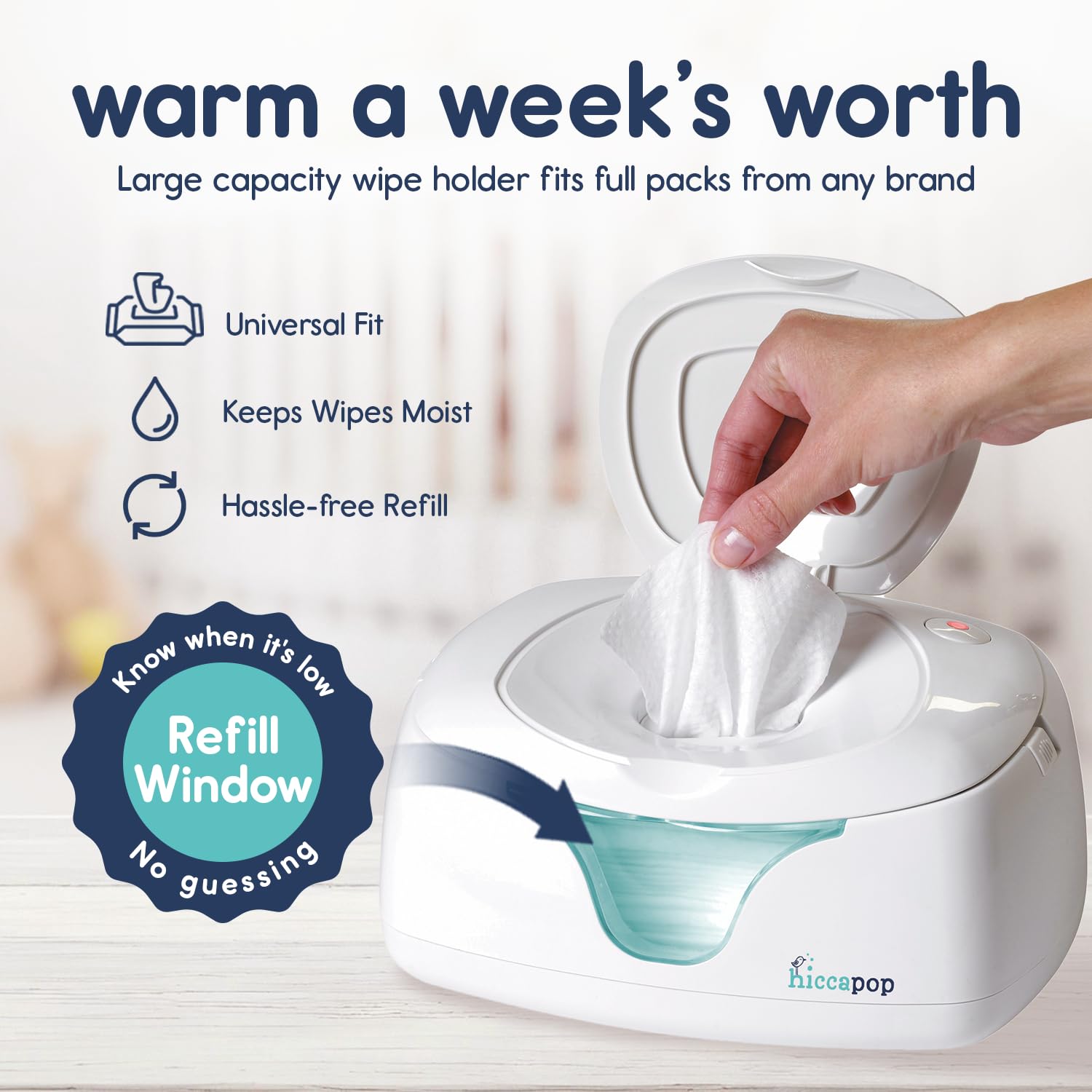 Hiccapop wipe warmer compact design image demonstrates space-saving setup for night feeds.