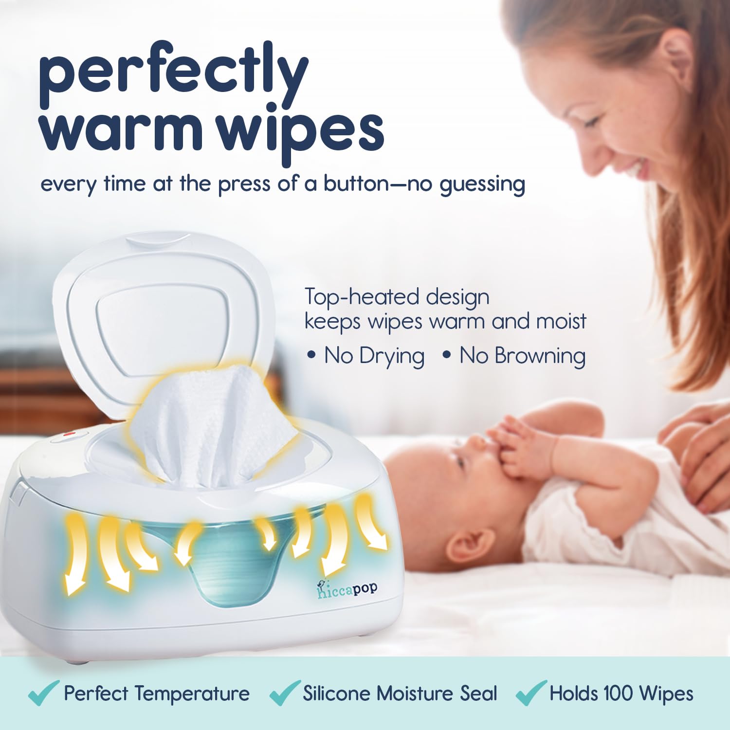 Hiccapop wipe warmer top seal closeup highlights moisture lock for fresh wipes.