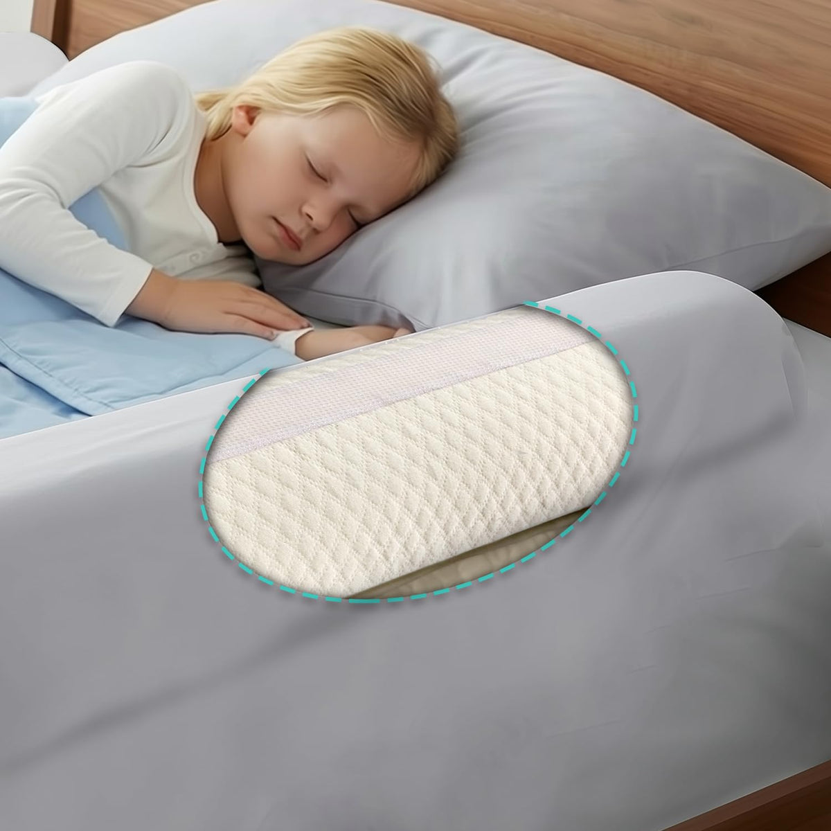 Hiccapop bed rail bumper close-up shows foam protection for sleeping kids
