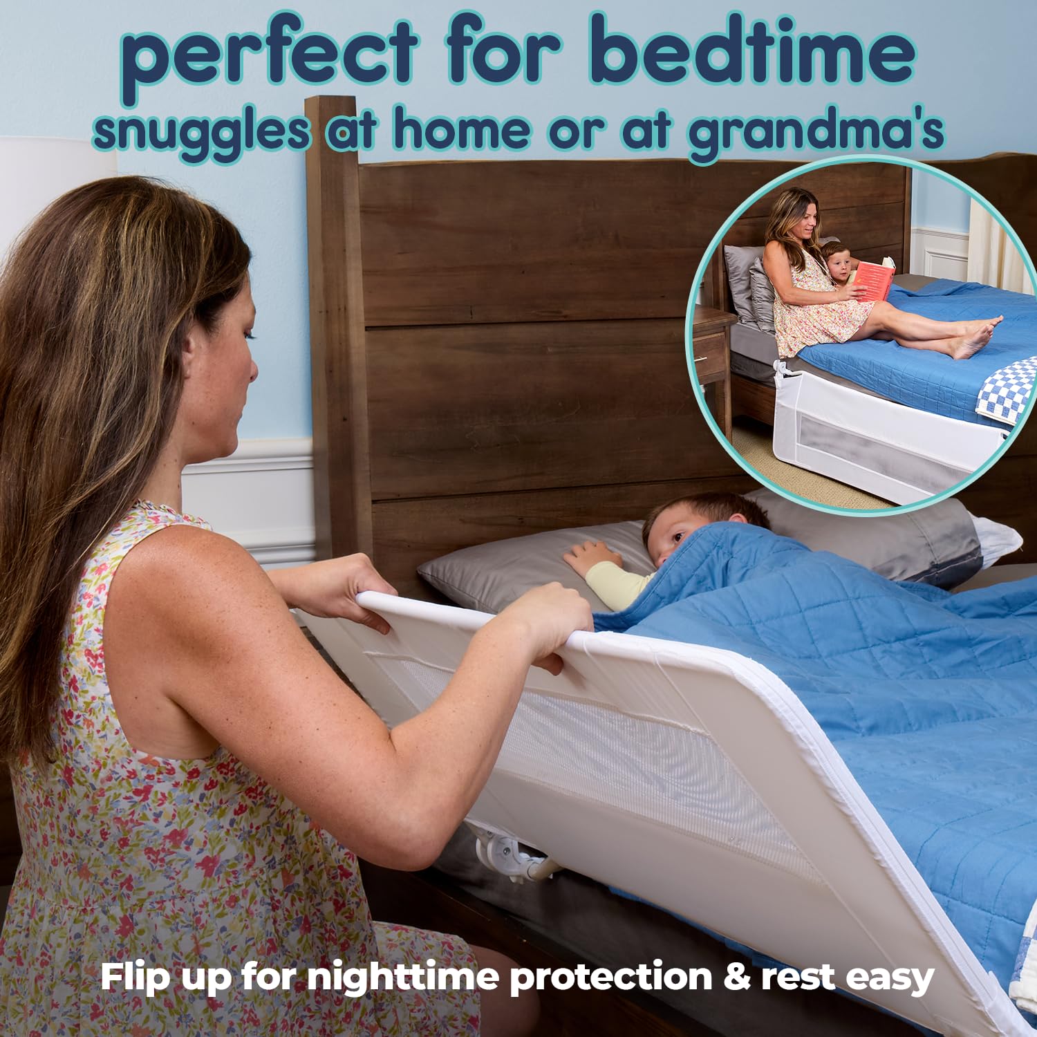 hiccapop bed rail folds down for easy bedtime cuddles and stories.