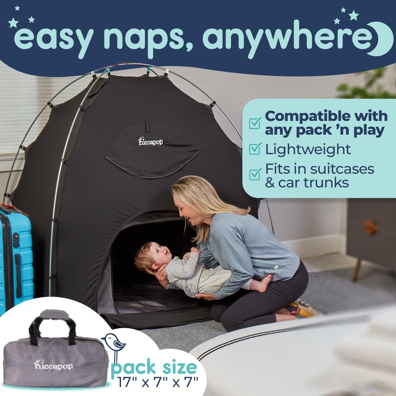 hiccapop DayDreamer compact travel bag fits luggage for easy family trips